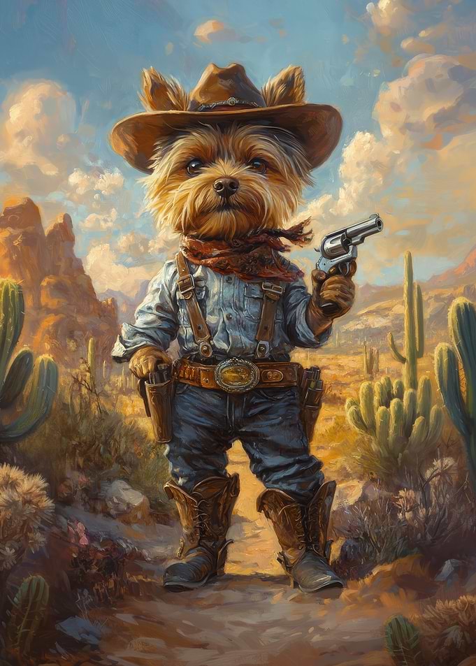 Yorkshire Terrier Dog Cowboy with Gun in Desert | Rustic Western Dog Portrait
