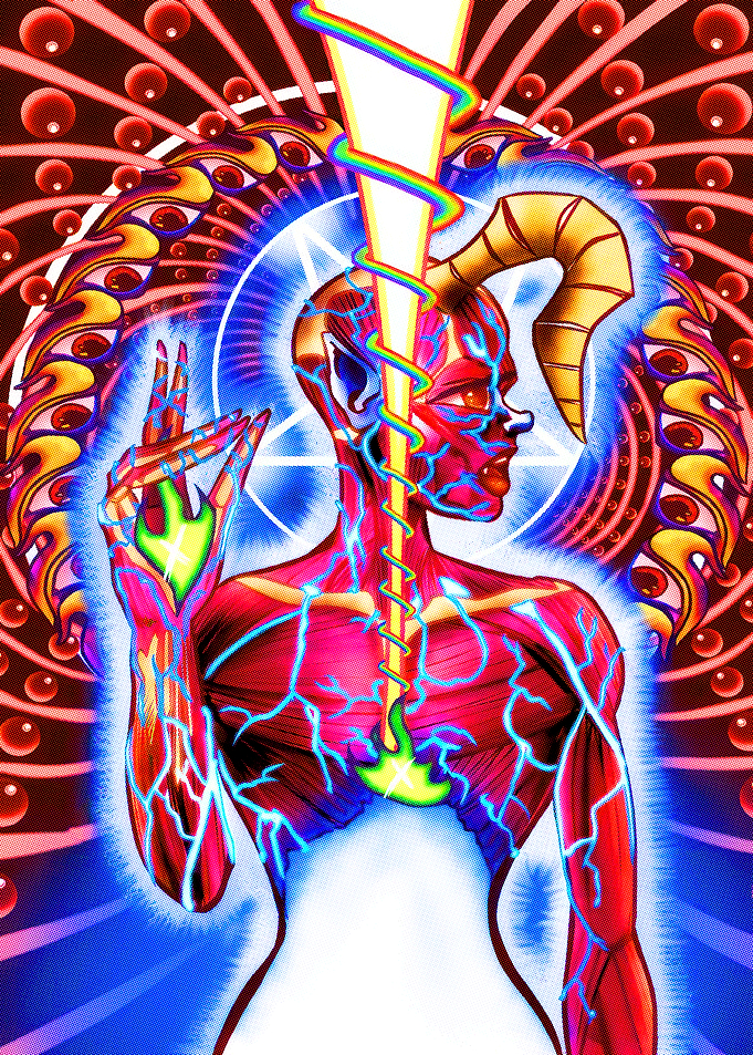 Surreal Horned Figure with Rainbow Energy