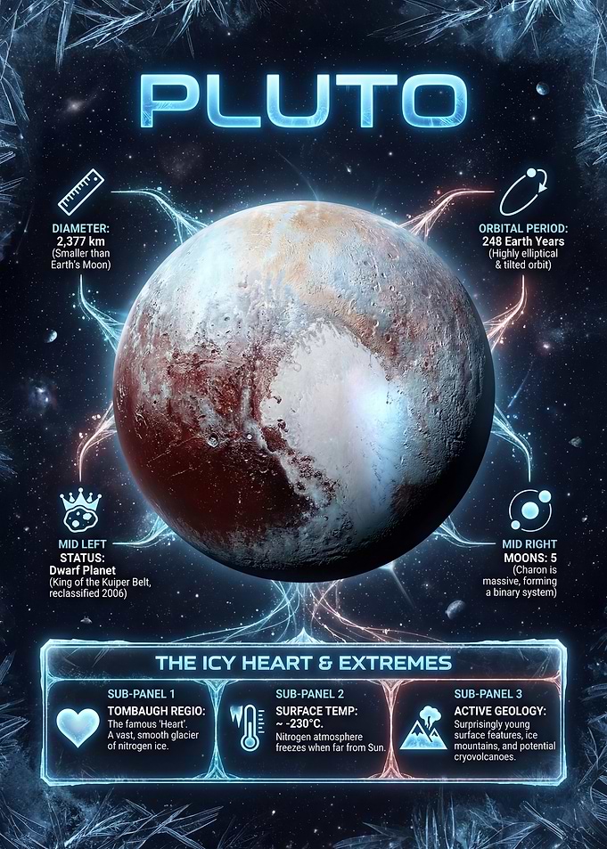 Pluto infographic with icy details