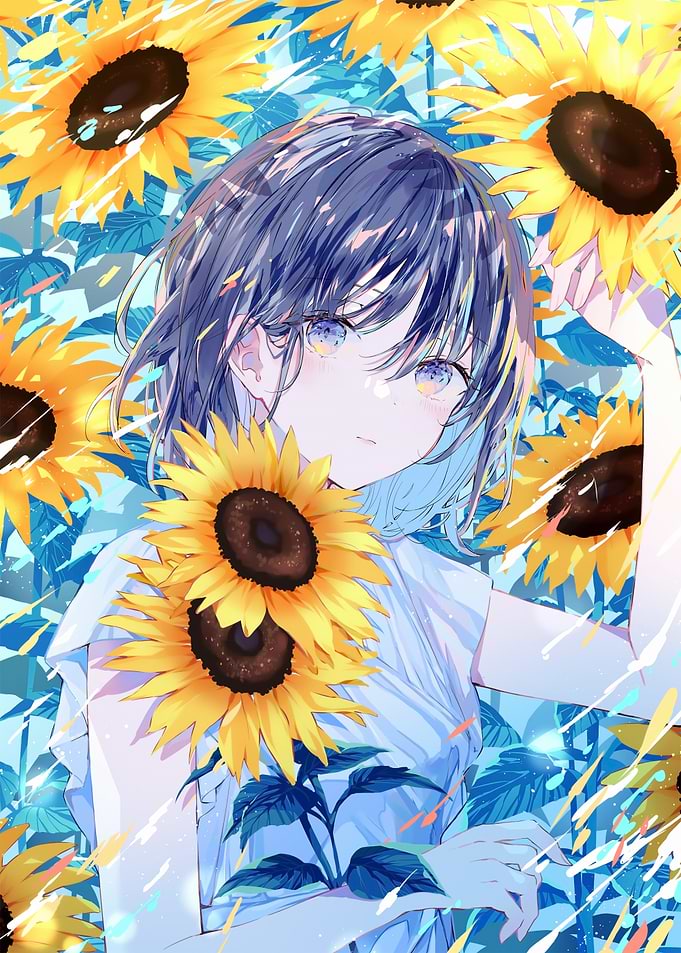 Anime Girl with Sunflowers