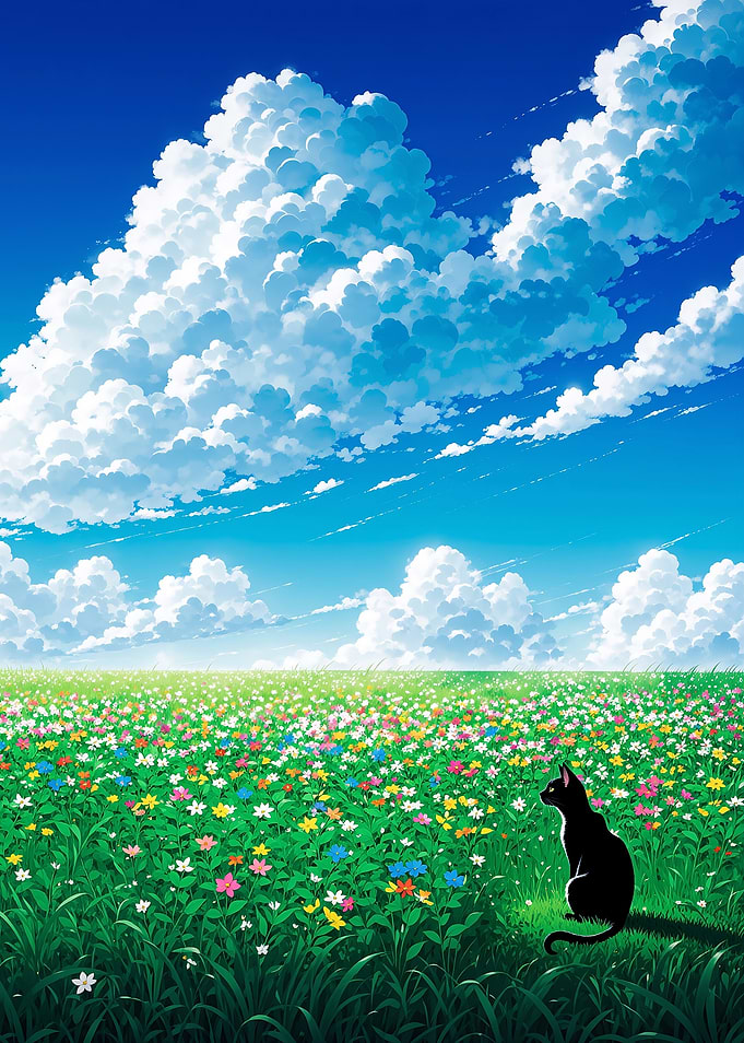 Black Cat in Flower Field