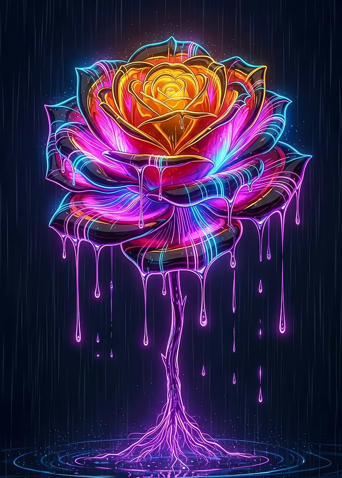Neon Rose Dripping in the Rain