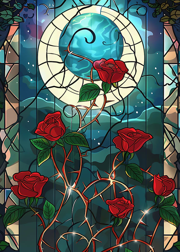 Stained Glass Roses with Moon