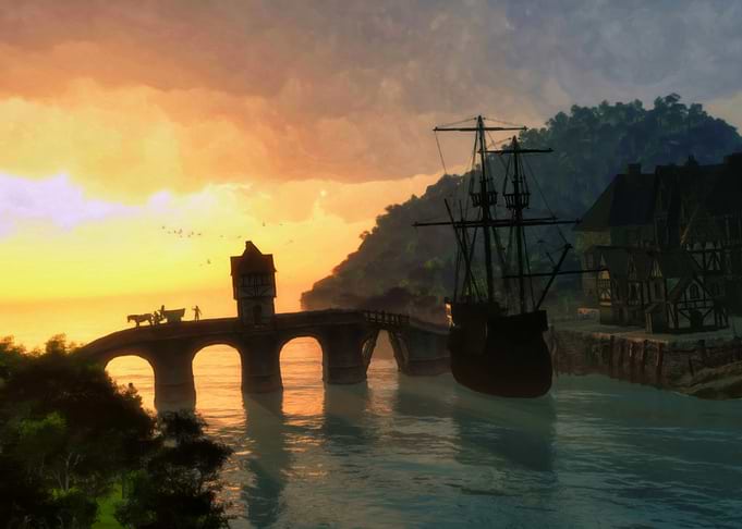 Sunset Harbor Scene with Ship