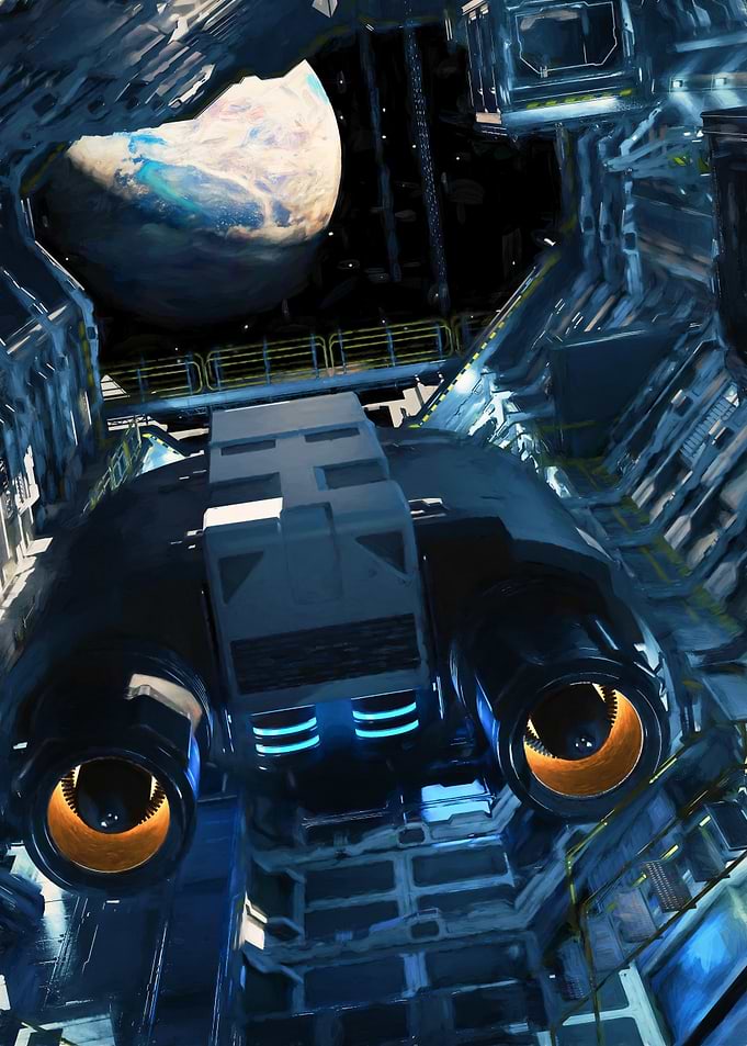 Spaceship in Docking Bay with Planet