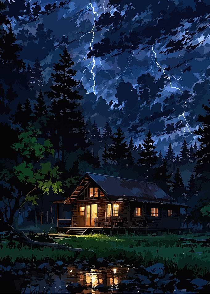 Cabin in the Woods at Night