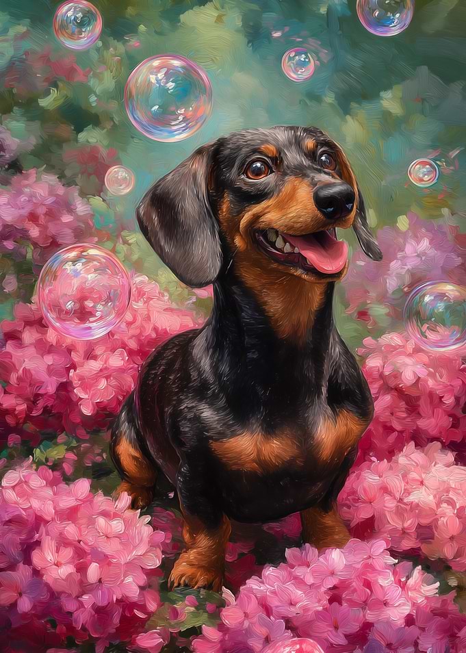 Dachshund in Flowers with Bubbles