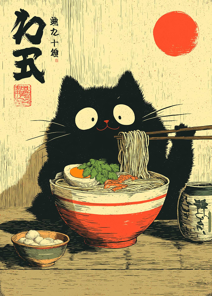 Black Cat Eating Ramen Illustration