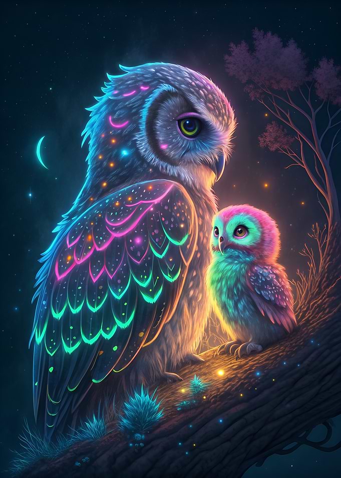Neon Owls on Branch at Night