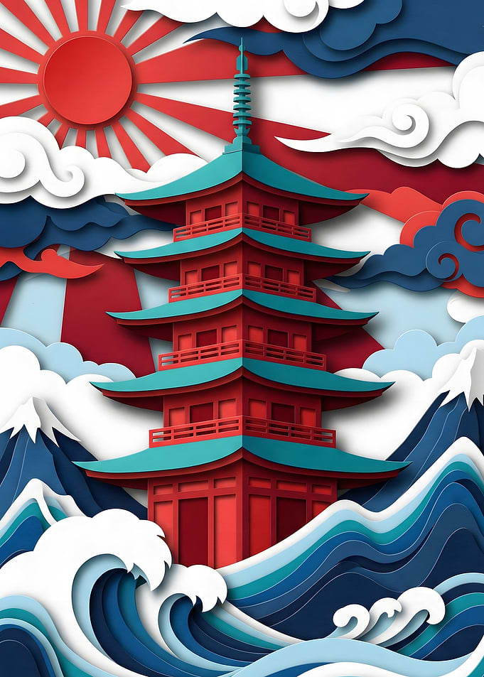 Japanese Pagoda Paper Cut Illustration