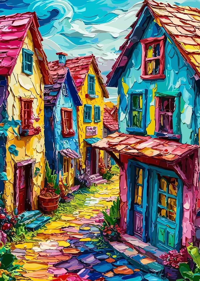 Colorful Village Street Painting