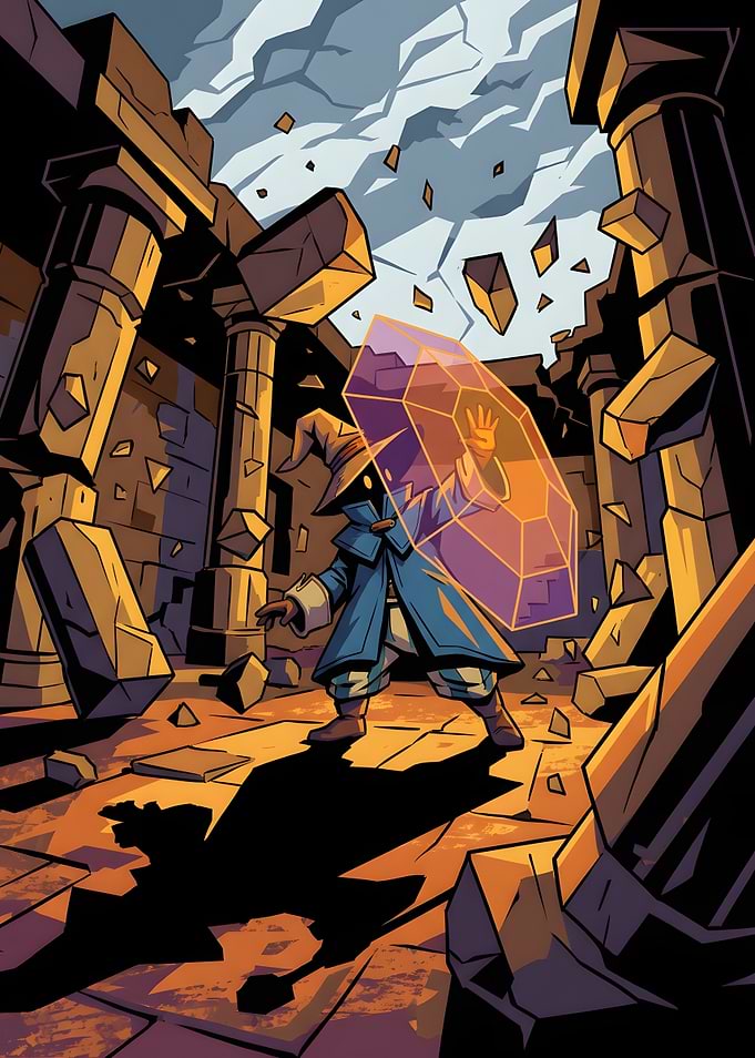 Cartoon Wizard in Ruined Temple