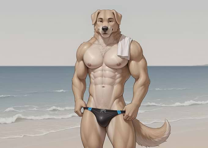 Muscular Furry Dog on Beach