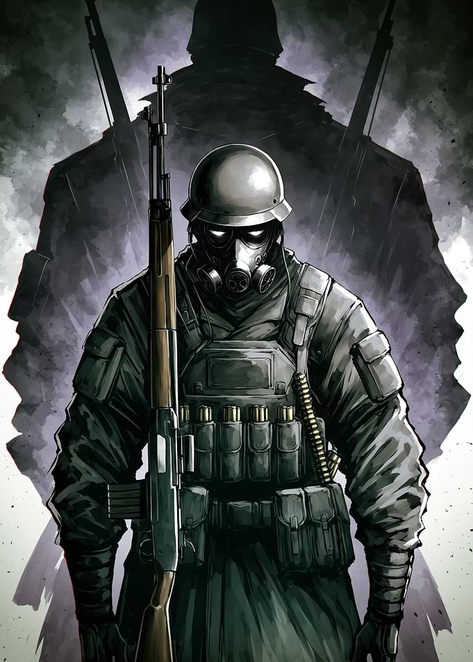 Soldier with Gas Mask and Rifle