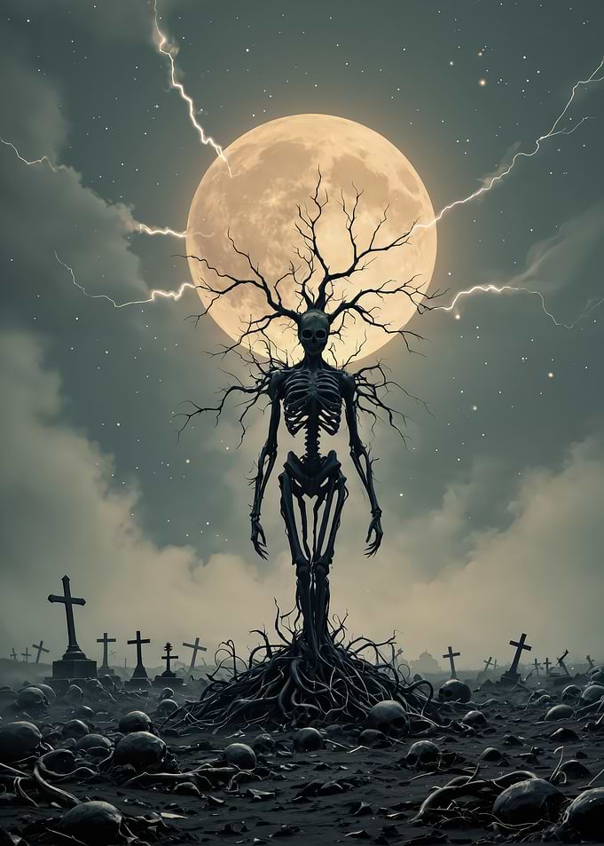 Spooky Skeleton Tree in Graveyard