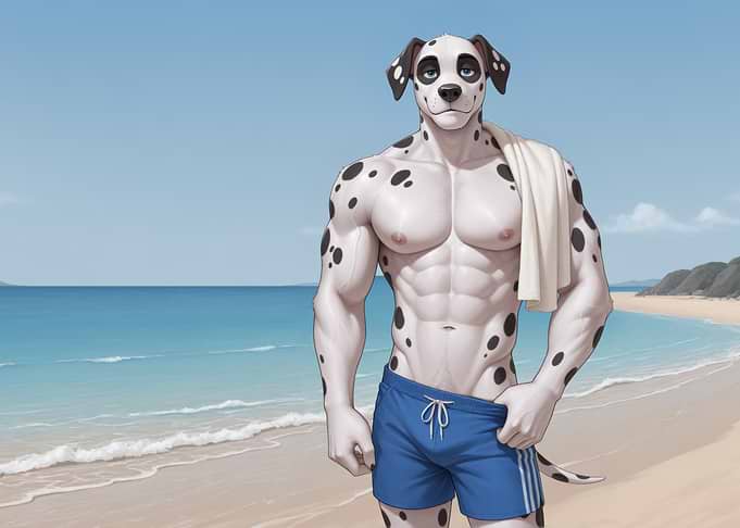 Furry Dalmatian on Beach
