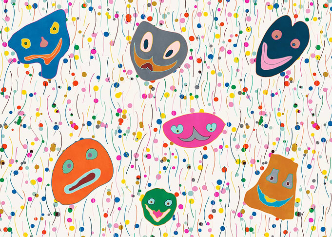 Colorful Abstract Faces on Patterned Background