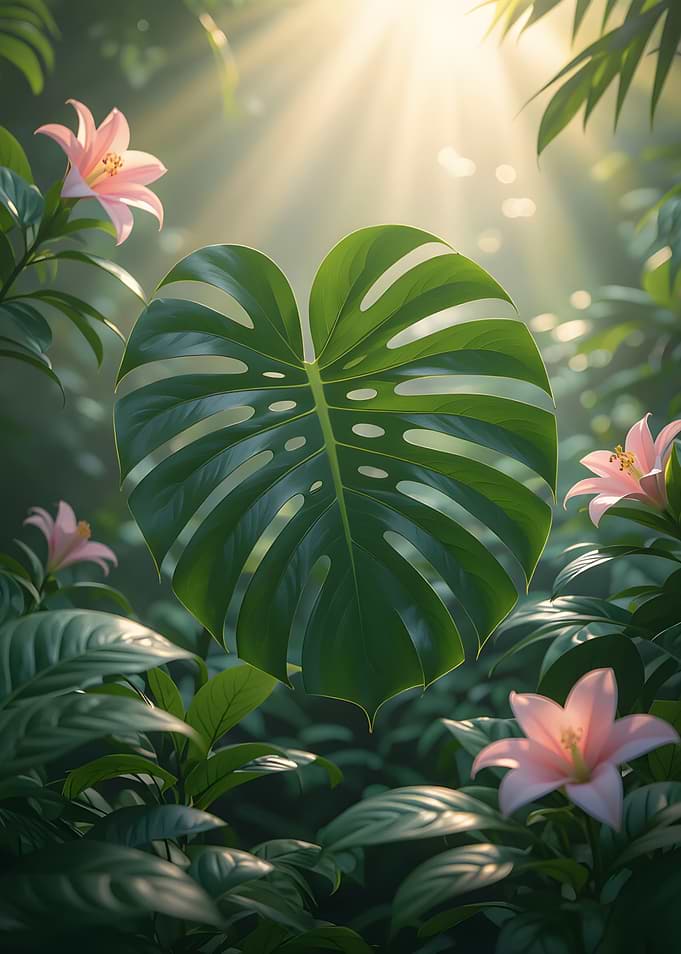 Tropical Monstera Leaf with Sunlight – Botanical Nature art