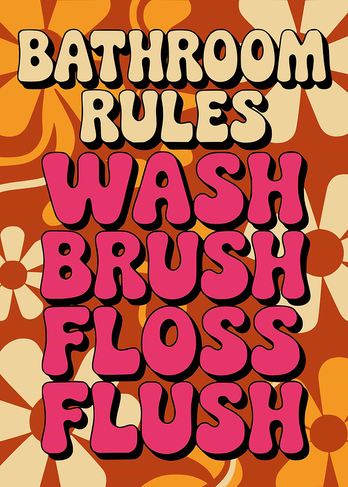 Retro Bathroom Rules Floral Art Print
