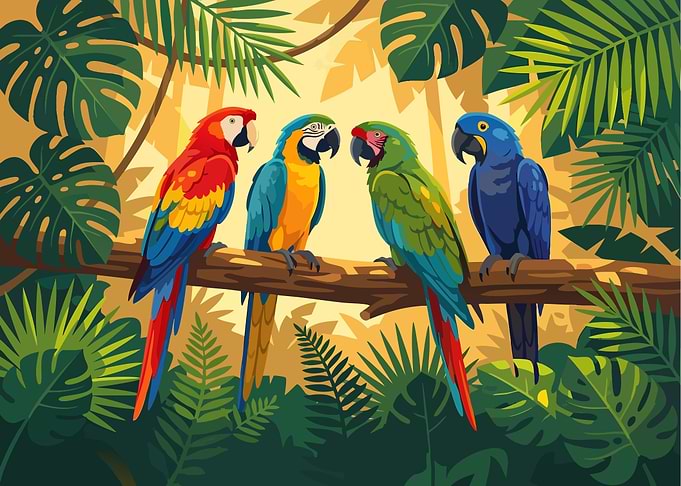 Colorful Parrots in Tropical Jungle