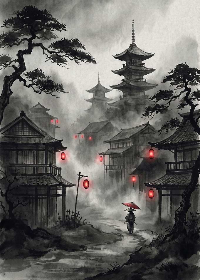 Japanese Village Ink Wash Painting