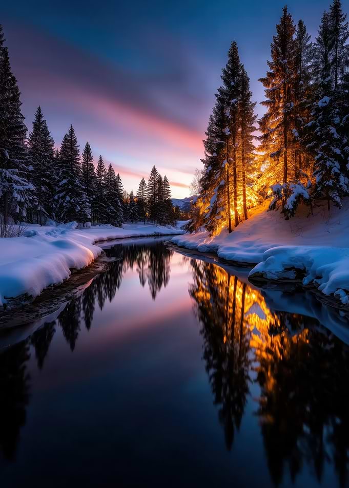 Winter River Sunset Reflection