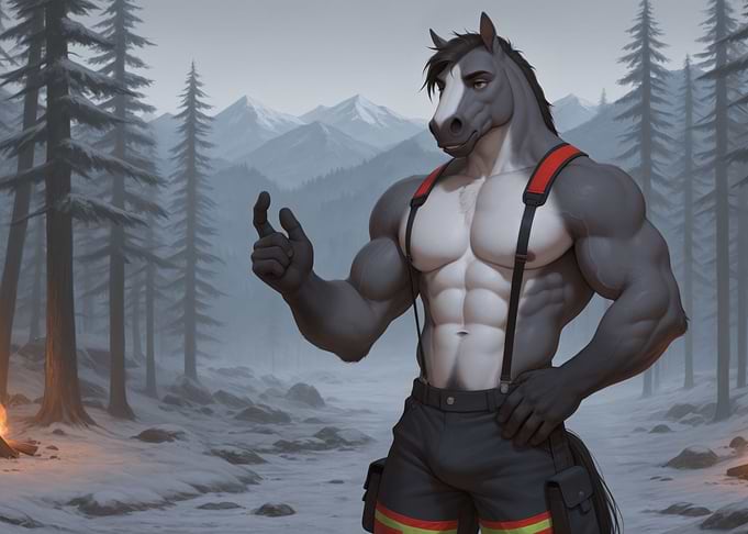 Muscular Furry Horse Firefighter in Snowy Forest