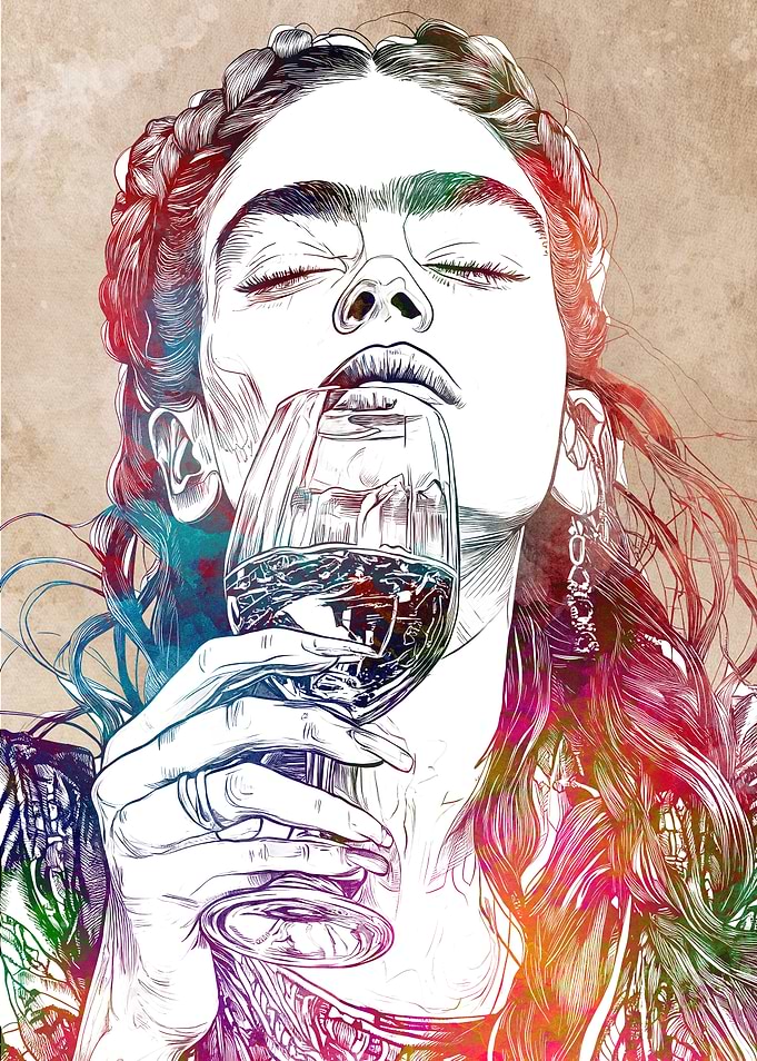 Woman Drinking Wine Colorful Art