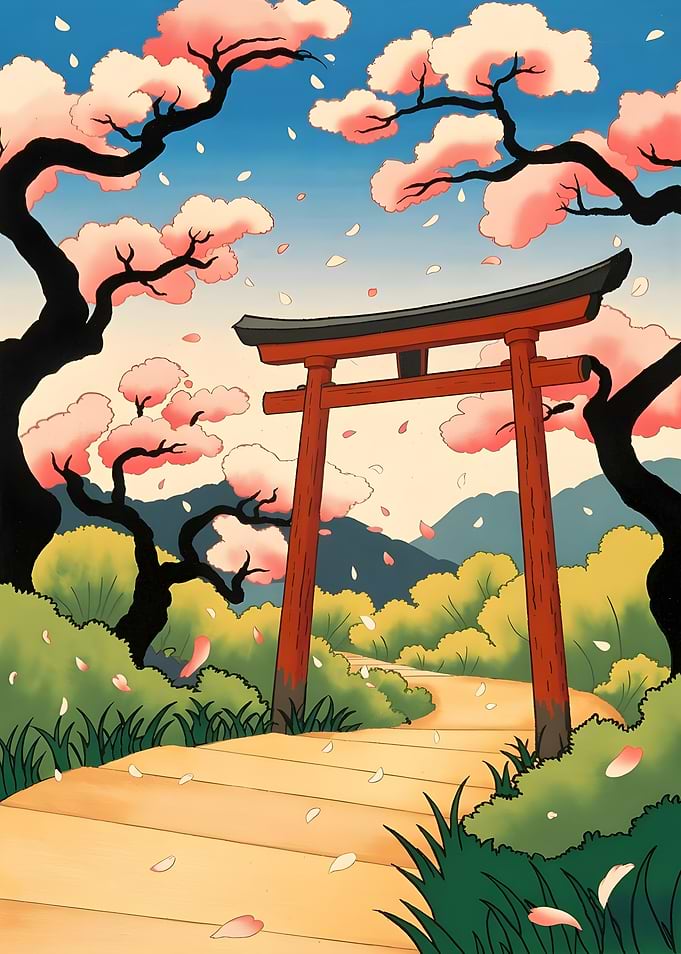 Japanese Torii Gate with Cherry Blossoms