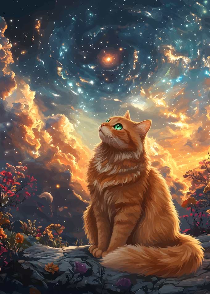 Ginger Cat Gazing at Starry Sky