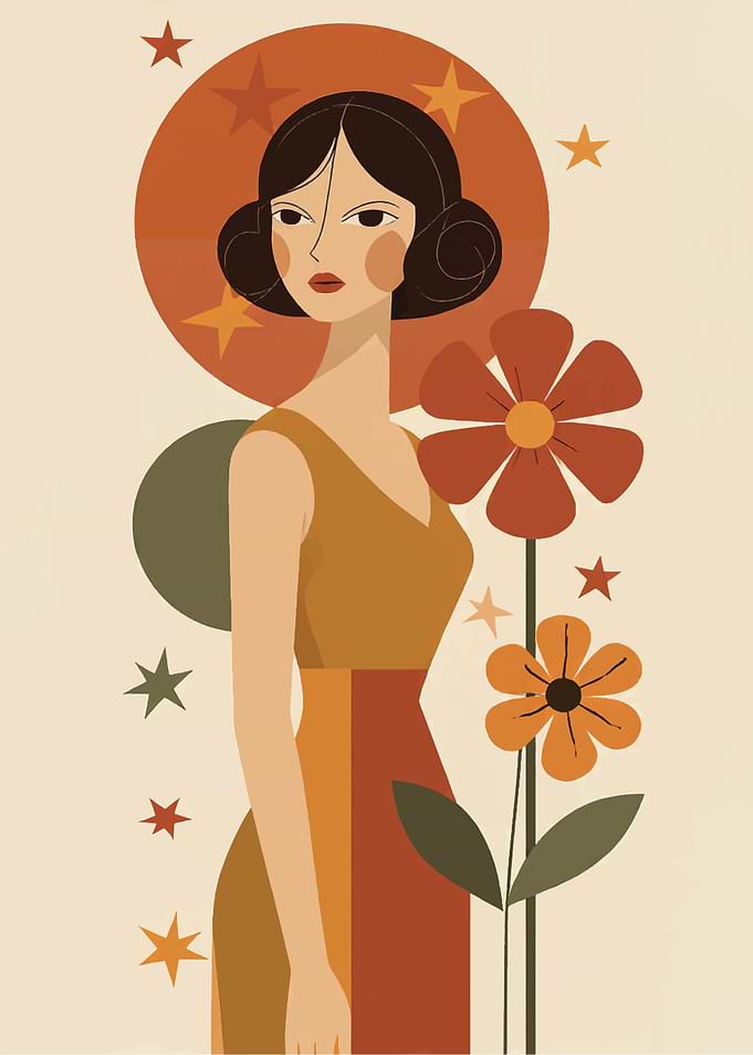 Abstract Woman with Flowers and Stars