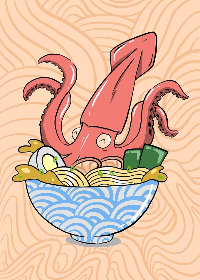 Squid in Ramen Bowl Illustration