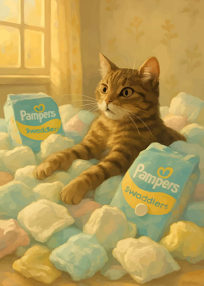 Cat in Pampers Swaddlers