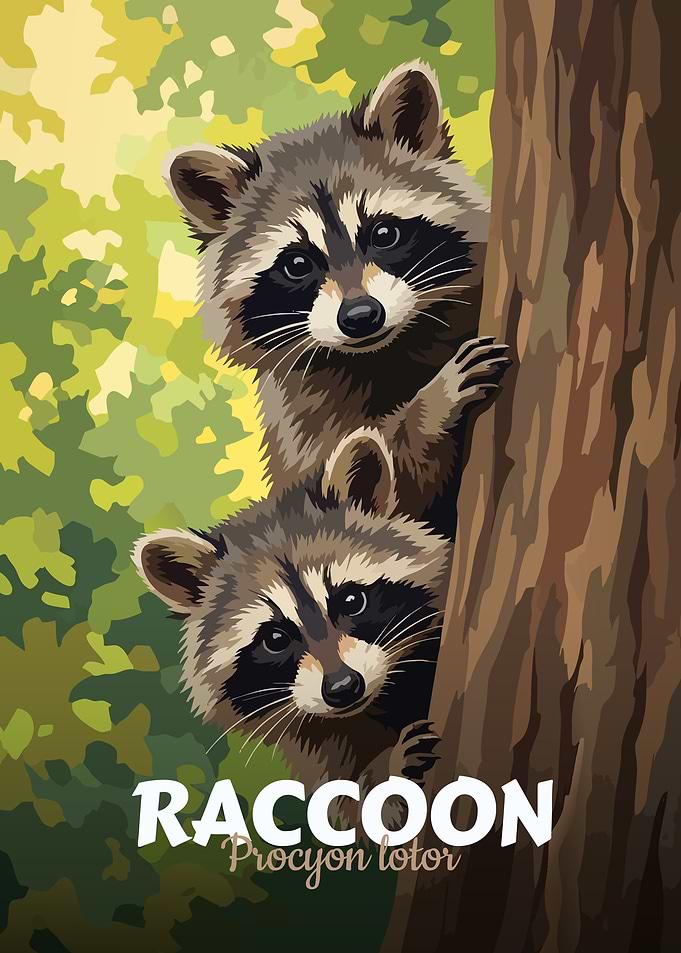 Two Raccoons by a Tree