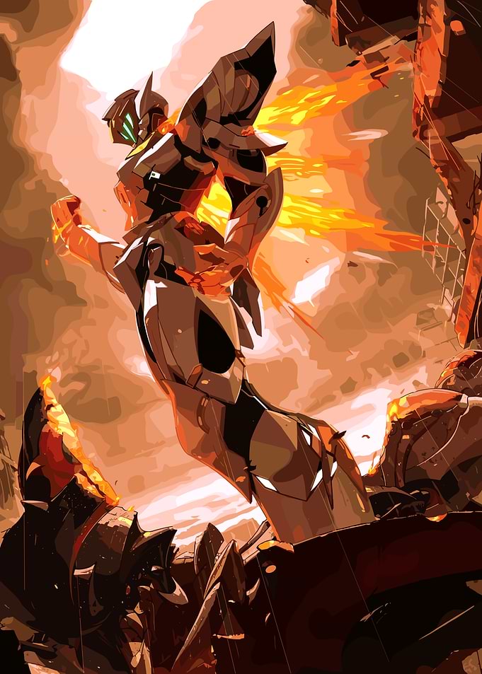 Fiery Mecha Robot in Battle Stance