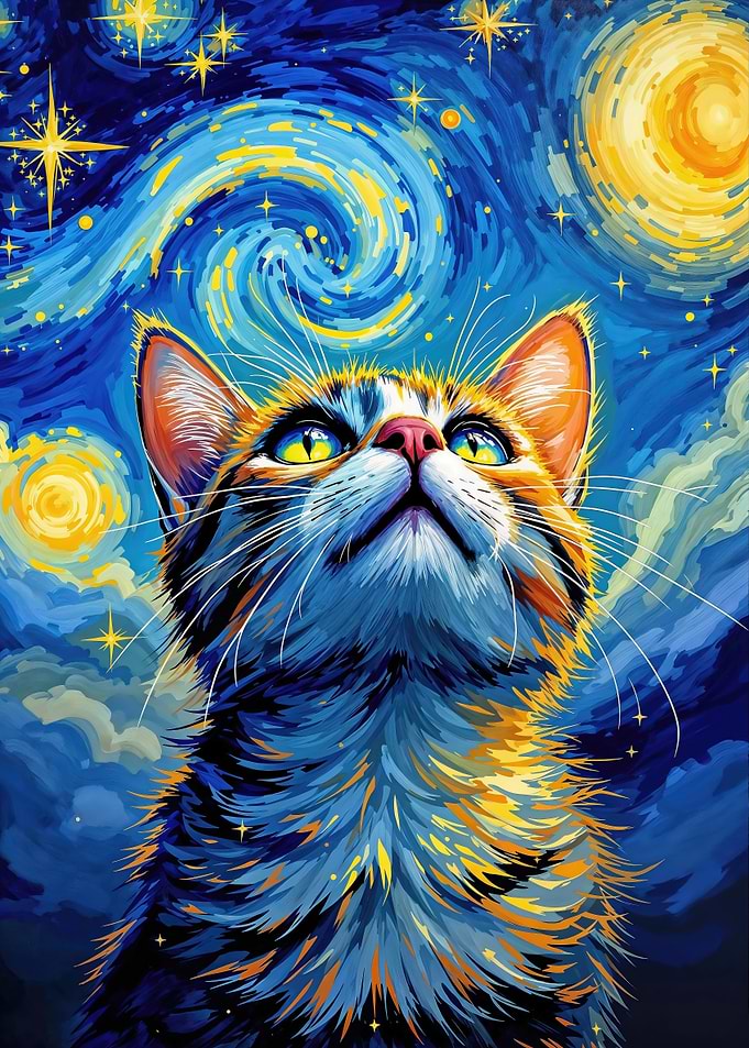 Cat gazing at starry night sky