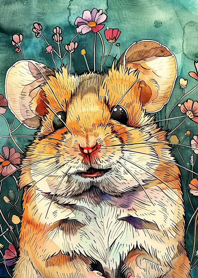Watercolor Hamster with Flowers