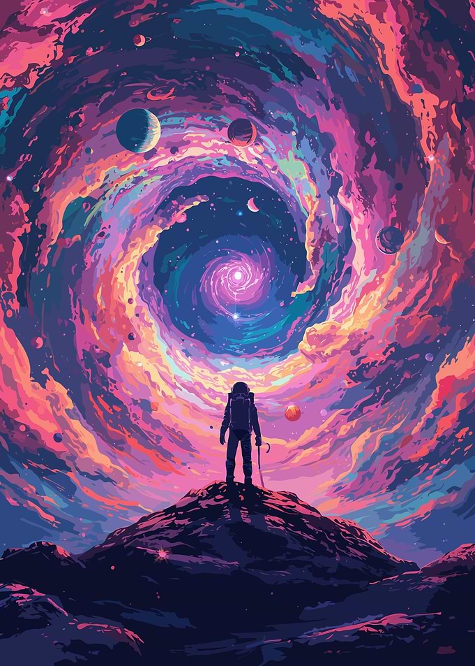 Pixel Art Astronaut in Cosmic Landscape