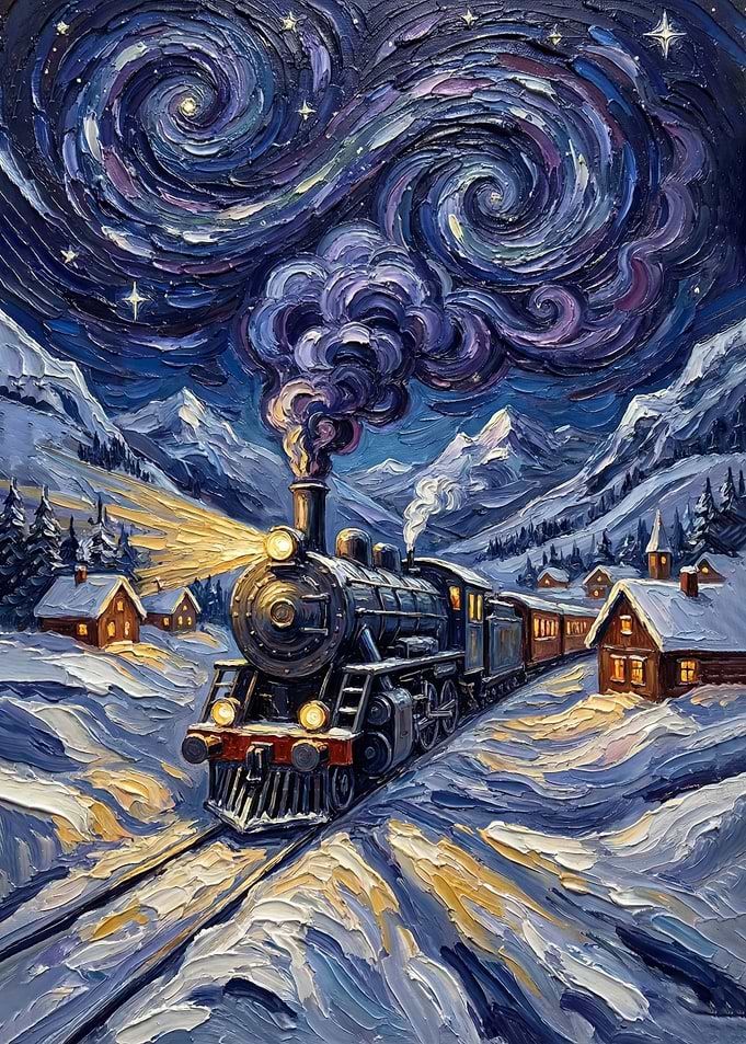 Winter Train Ride Under Starry Night