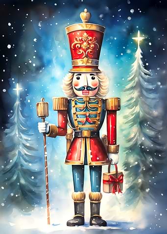 Watercolor Nutcracker with Gift in Winter