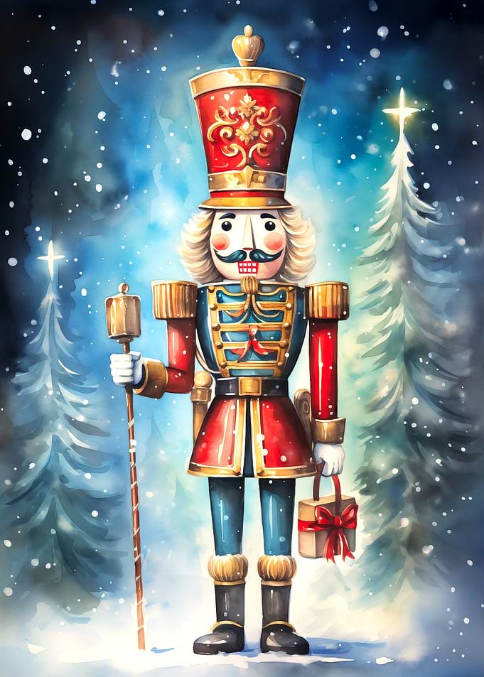 Watercolor Nutcracker with Gift in Winter