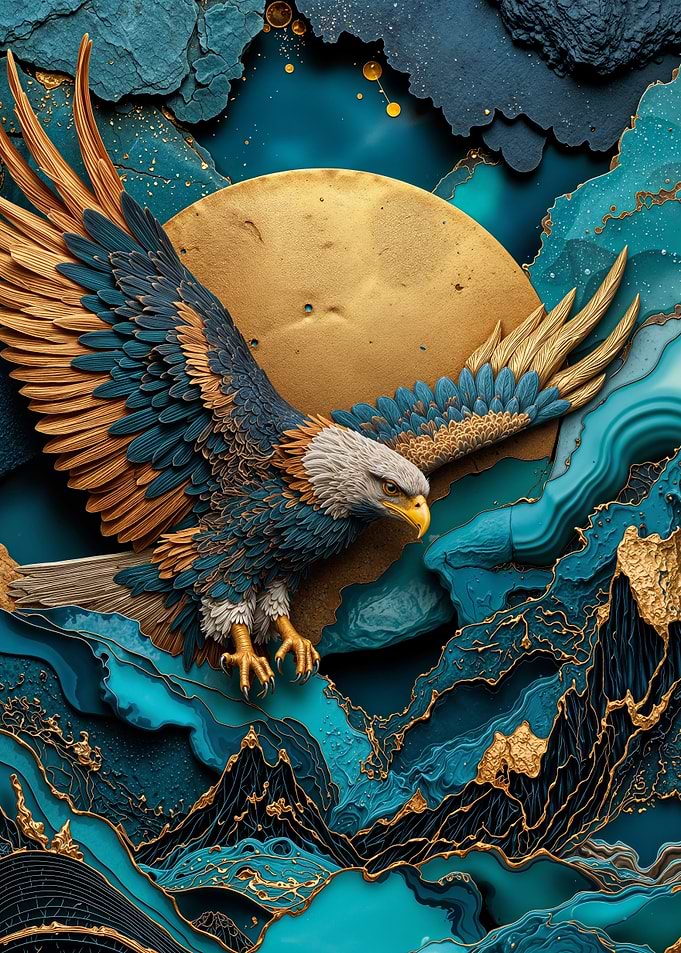 Eagle in Flight in Teal and Gold