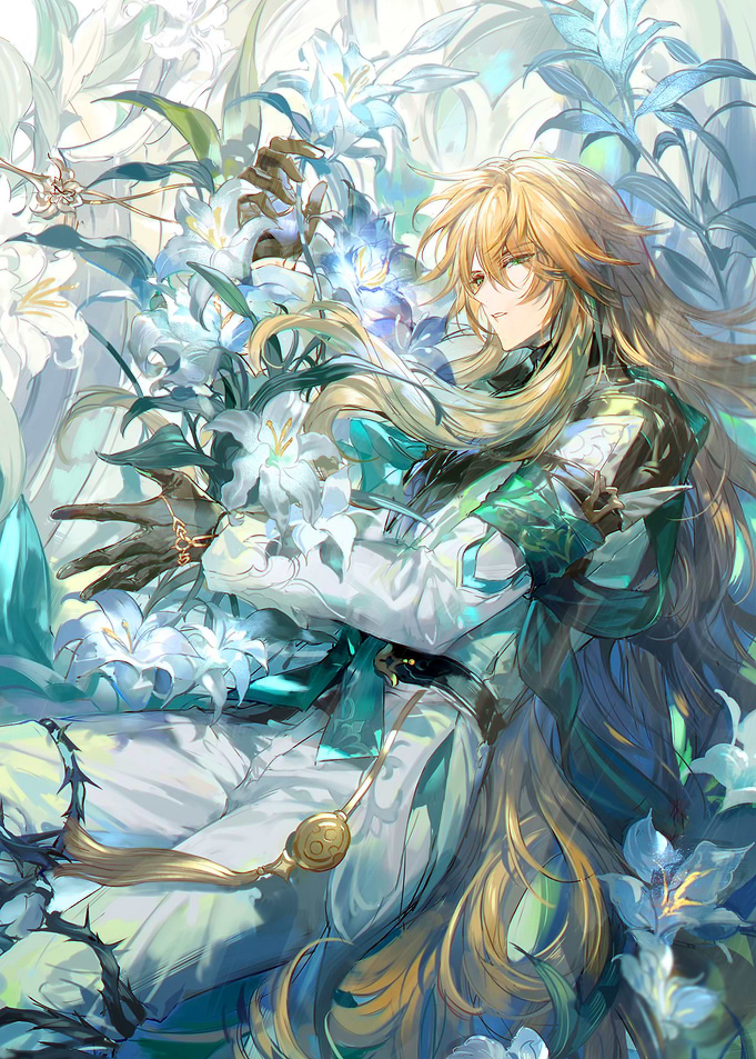 Honkai Star Rail Blonde man surrounded by lilies