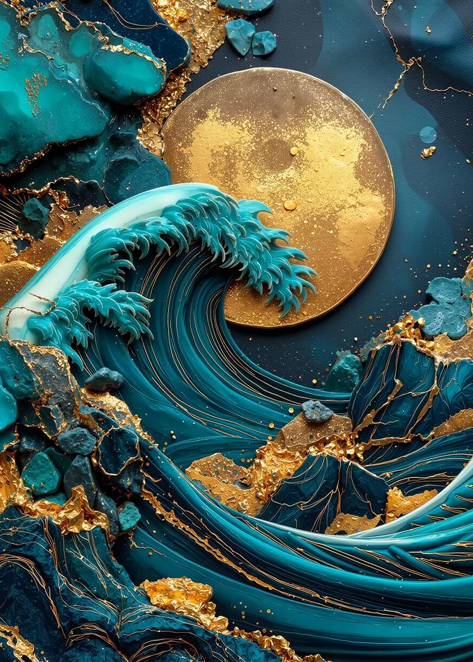 Teal Wave with Golden Moon