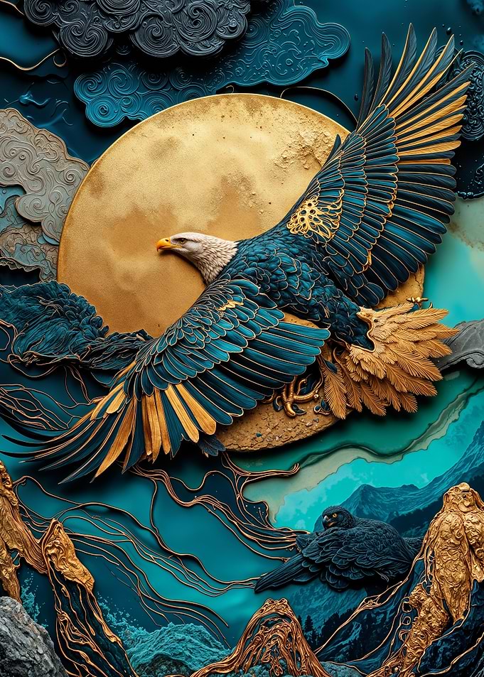 Teal and Gold Eagle Soaring