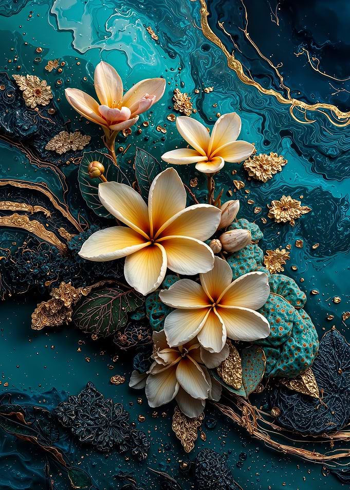 Teal Gold Plumeria Flower