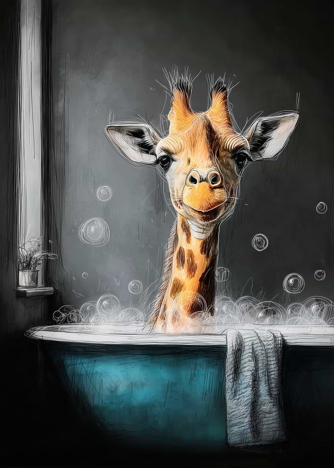 Giraffe in Bathtub with Bubbles