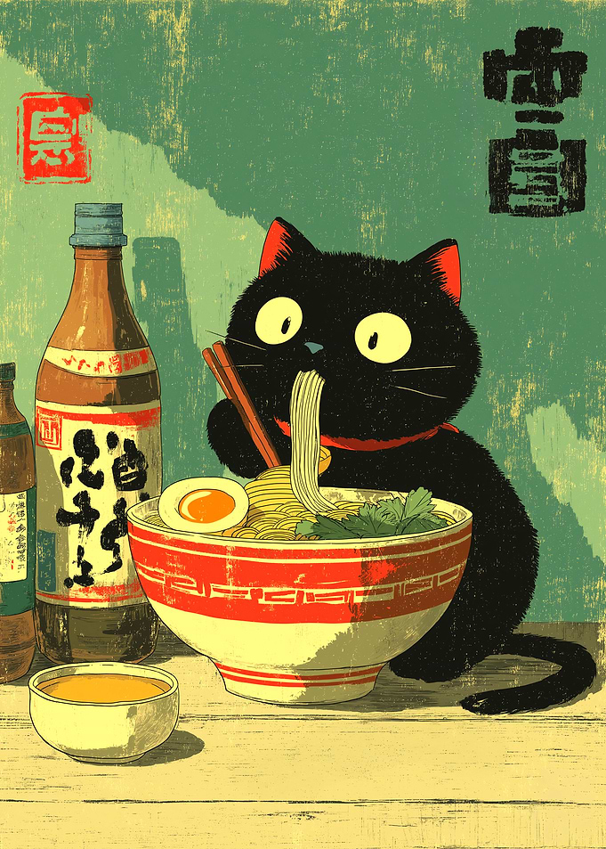 Black cat eating ramen illustration