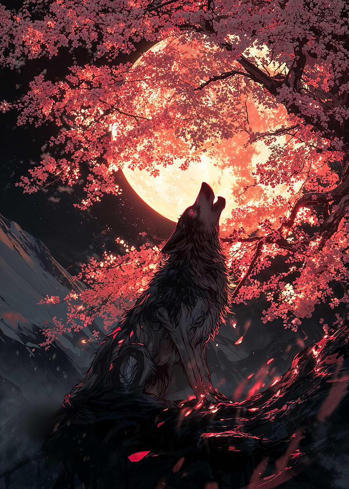 Wolf Howling at Moon under a Sakura Tree