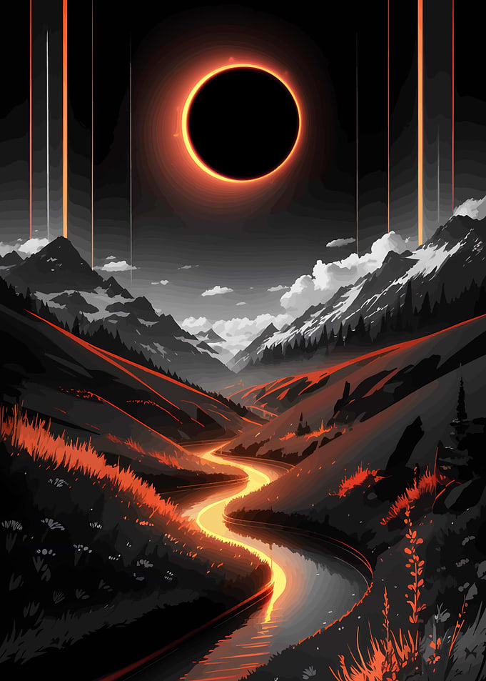 Eclipsed Landscape with Glowing River
